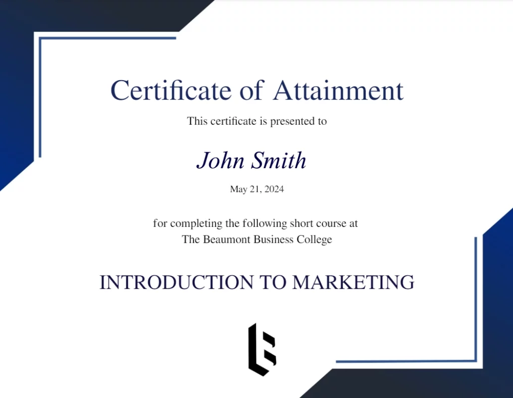 Certificate of attainment sample